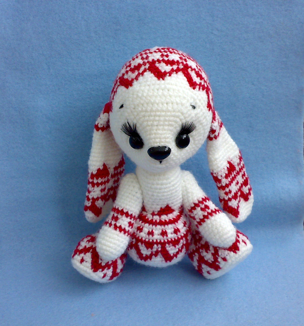 Bunny with jacquard pattern - My, Knitting, Amigurumi, Needlework, Hare