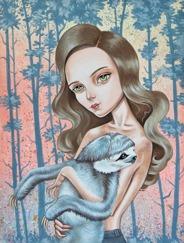 Girl with a sloth - Sloth, Drawing, Art, My, Longpost, Gouache