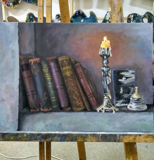 Bookshelf - My, Oil painting, Drawing, Painting, Books