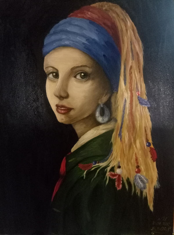 Girl without a pearl earring - My, Butter, Canvas, Art, Self-taught artist, Portrait, Girl with a pearl earring
