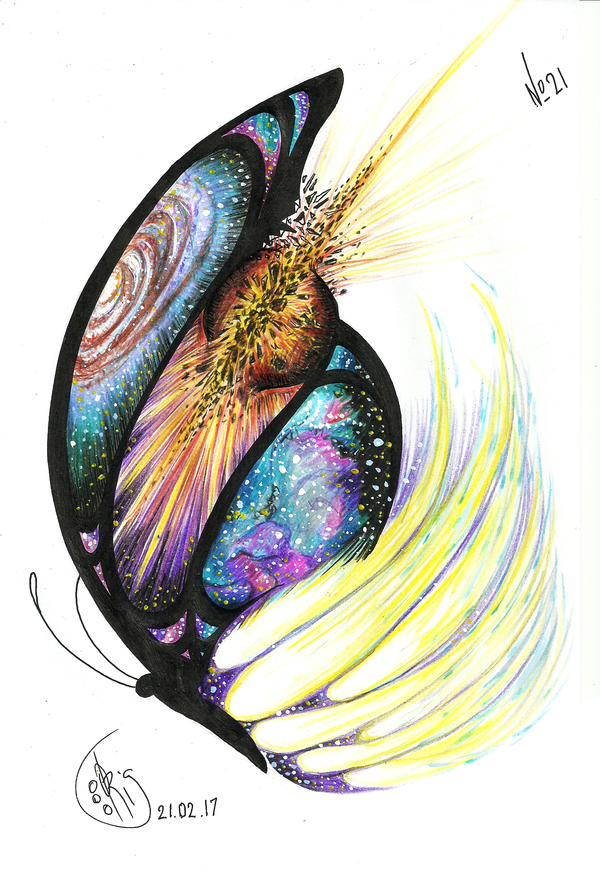 February marathon, day twenty-one. - My, Drawing, Black pen, Colour pencils, Gouache, Butterfly, Space, Month, February