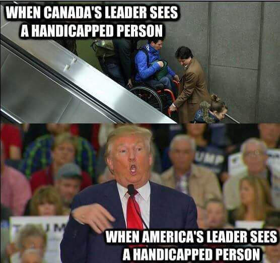 When a Canadian leader sees a disabled person - Trudeau, Donald Trump, Black humor, The americans, 9GAG, Politics