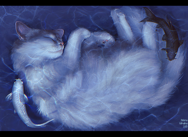 Cats Dream. - My, Art, cat, White, Yin Yang, Dream, Under the water, Koi carps, Elena Nikulina