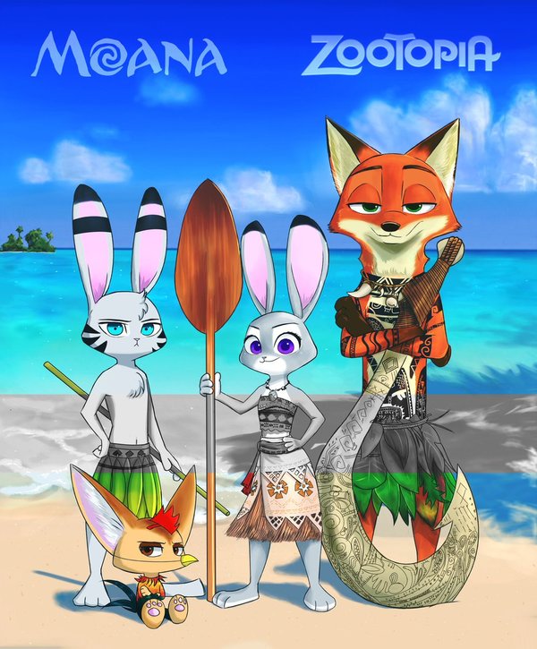 Moatopia - Art, Zootopia, Nick and Judy, Finnick, Jack Savage, Moana, Crossover, Finnick the Fennec