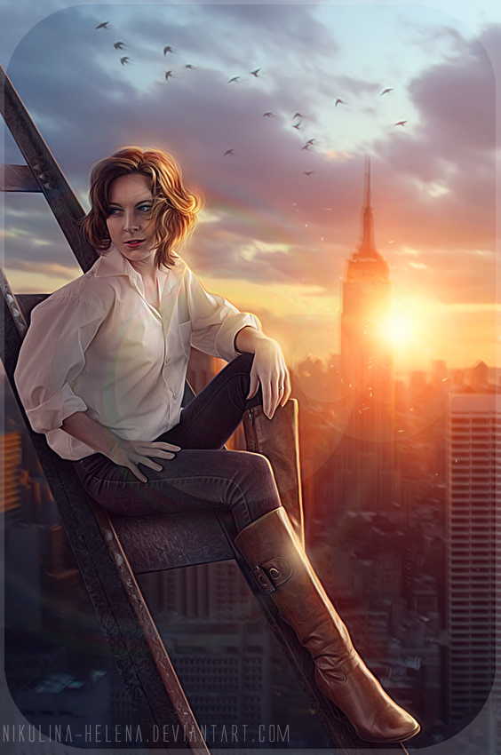 Sunset over the City. - My, Art, Female, Sunset, New York, Megapolis, The sun, Elena Nikulina, Town, Women