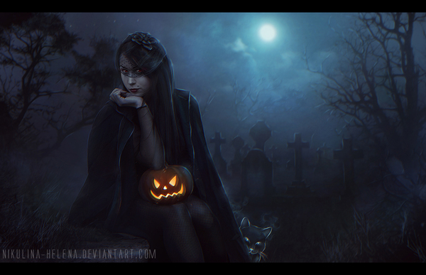 Halloween. - My, Art, Female, Halloween, Cemetery, cat, Night, Elena Nikulina, Vampires, Women