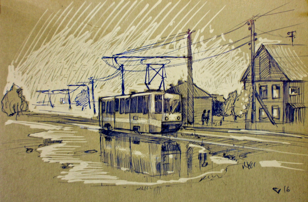 Spring - My, Spring, Tram, Town, Drawing, Graphics, Landscape