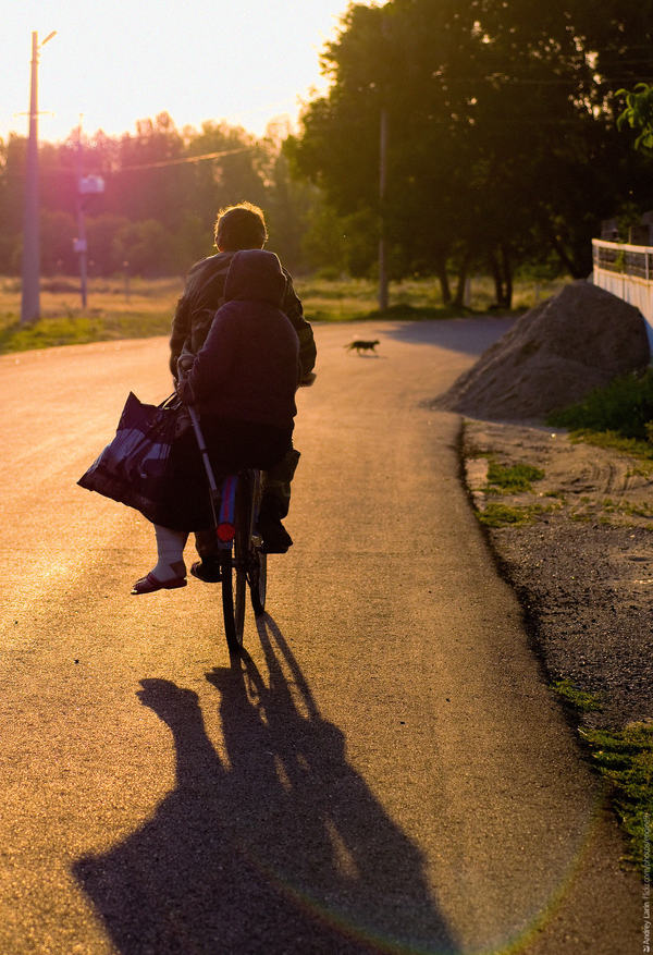 old couple - My, The photo, A bike, Mikhailovsk, Sunset, Road, Heat, cat