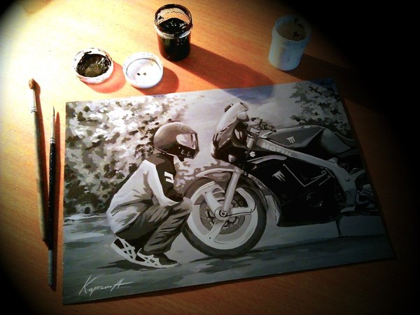 Gouache drawing. - My, Moto, Motorcycles, Artist, Gouache, Motorcyclist, Black and white, , Motorcyclists