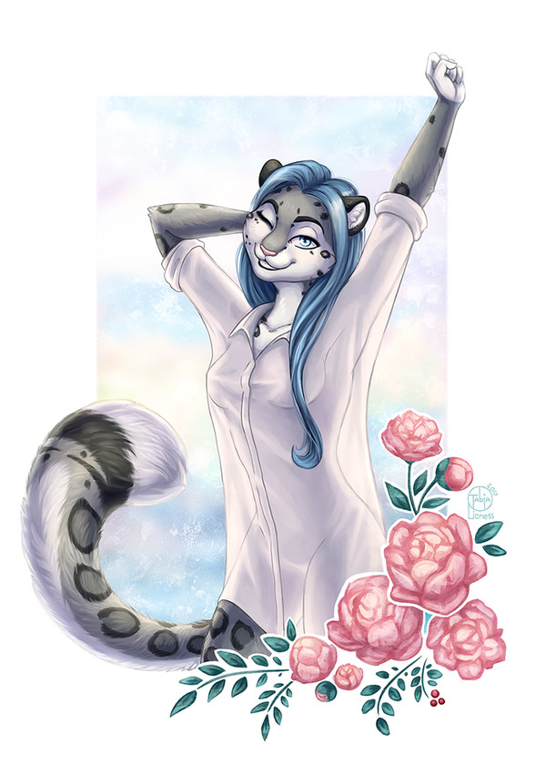 Morning~ - My, Yuna, Snow Leopard, Furry, , , Peonies, Morning, Art