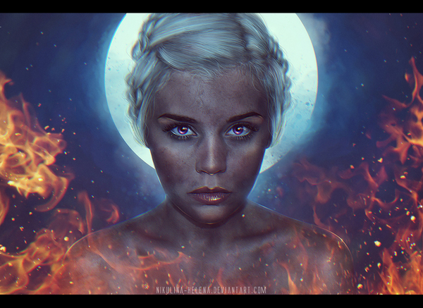 Mother of Dragons. - My, Art, Elena Nikulina, Female, Game of Thrones, Daenerys Targaryen, Fire, moon, Mother of dragons, Women