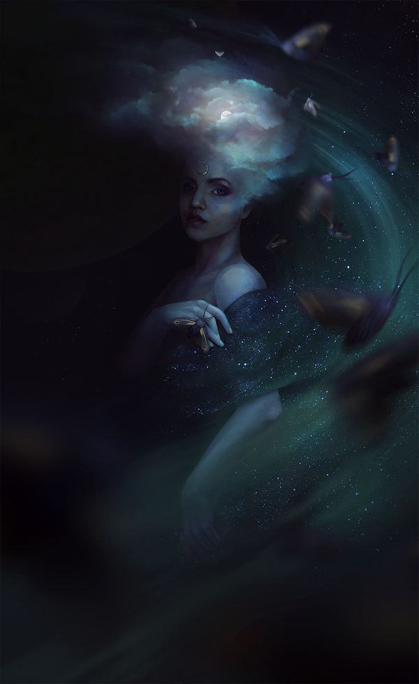 Portrait of a friend in the image of Goddess of the Night - My, Night, Goddess, Digital drawing, Portrait, Beautiful girl, Drawing, Digital, Art