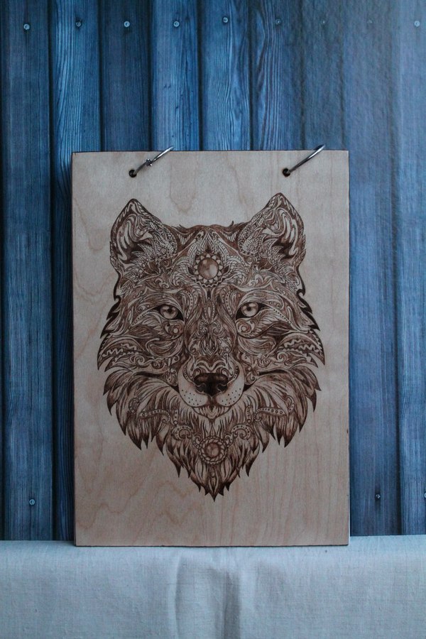 Drawing pad, pyrography - My, Notebook, Album, Painting, Pyrography, Wolf, Handmade, Plywood, Longpost