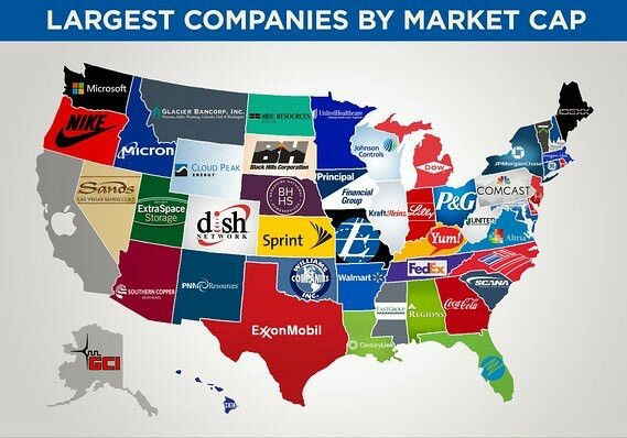 Largest companies by market capitalization by state in the US - USA, Company, Hello reading tags