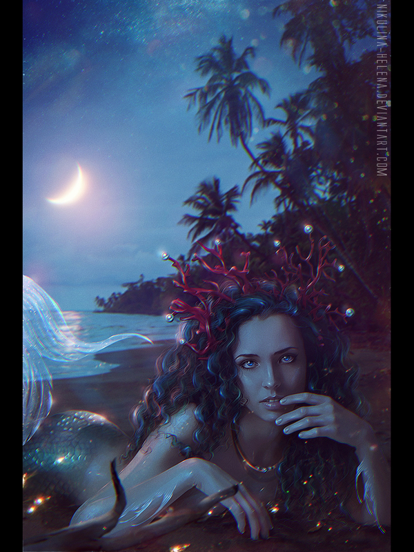 Mermaids Night. - My, Art, Female, Mermaid, Night, Beach, Tropics, Elena Nikulina, moon, Women