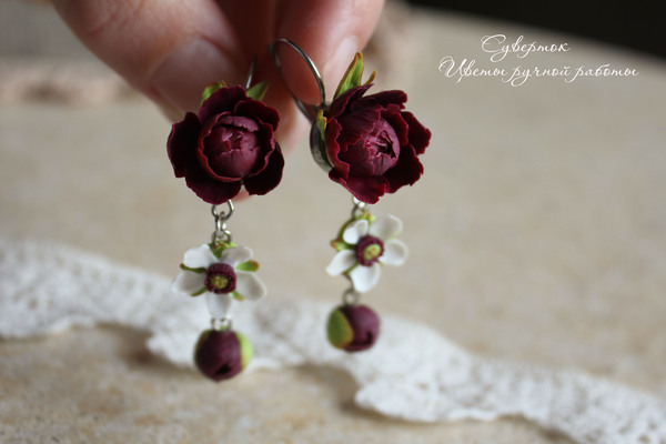 Earrings with peonies. Polymer clay. - My, Polymer clay, Polymer floristry, Handmade, Лепка, Creation, Flowers, Bijouterie, Peonies