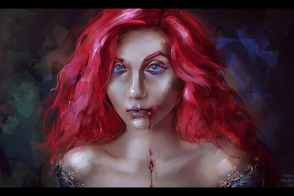 Beautiful Monster. - My, Art, Female, Vampires, Elena Nikulina, Blood, Red hair, Portrait, Women