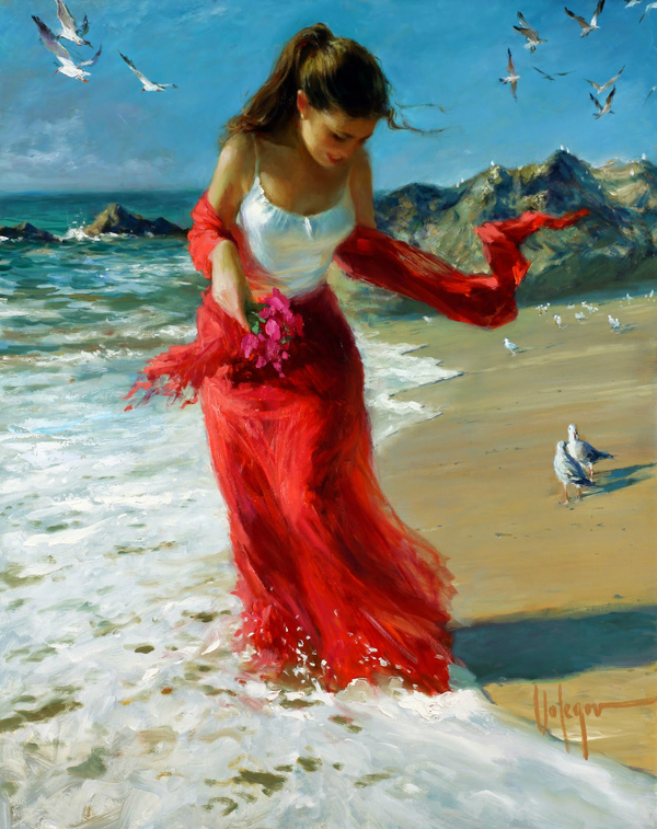 Scarlet scarf. - Sea, Girls, Wave, Flowers, Oil painting, Emotions, Art, Seagulls