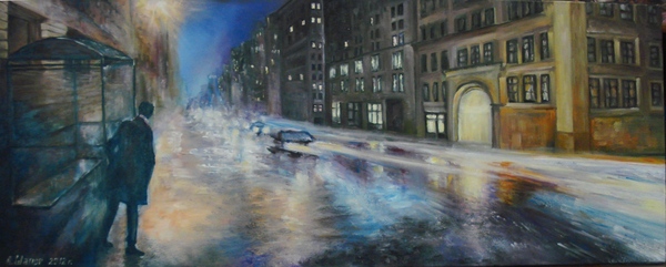 Waiting oil on canvas, 60x140 - My, Night city, Oil painting, Wet asphalt, Rain
