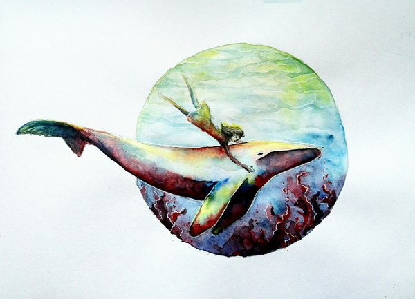 A kind whale named Bamboo - My, Watercolor, Drawing, Art, Illustrations, Water, Ocean, Artist