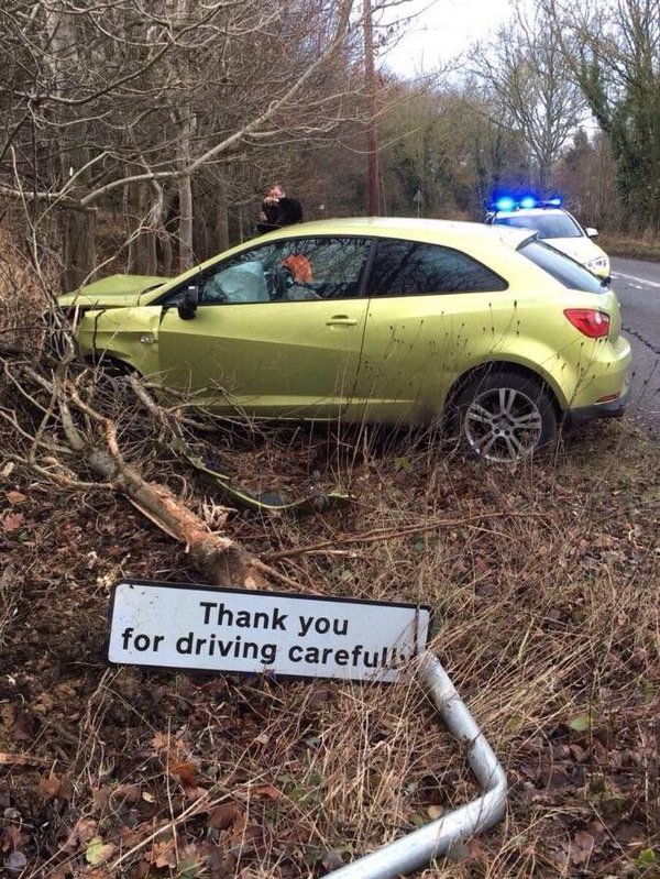 Thank you for the safe driving! - Road accident, Irony