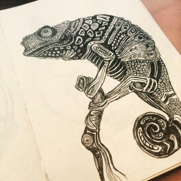 A little chameleon! - Drawing, My, Liner, Chameleon