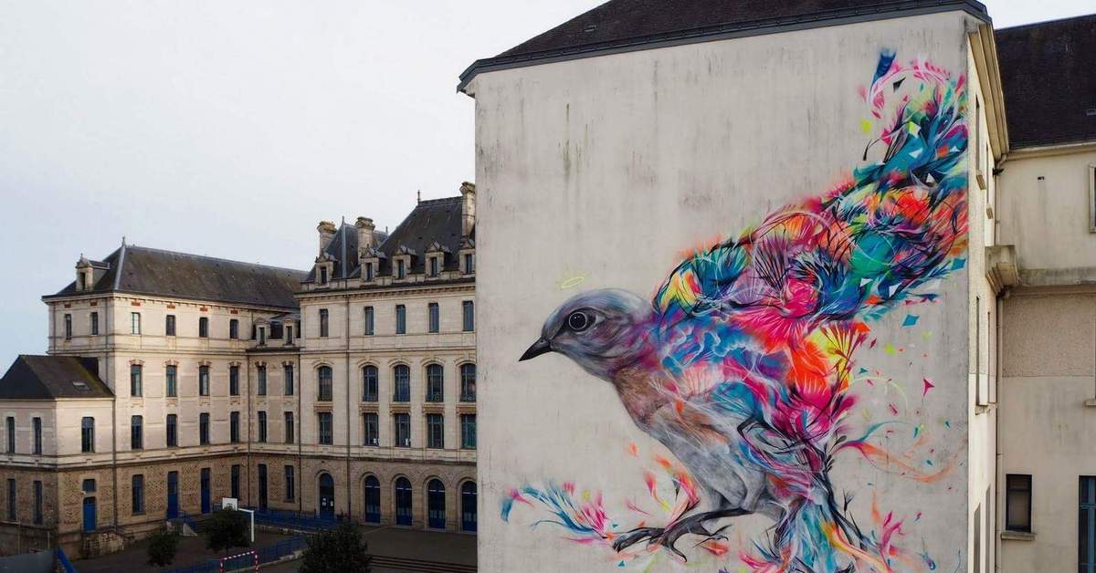 Стрит арт. Уличная живопись на стенах. Уличное искусство граффити. Стрит арт птица.