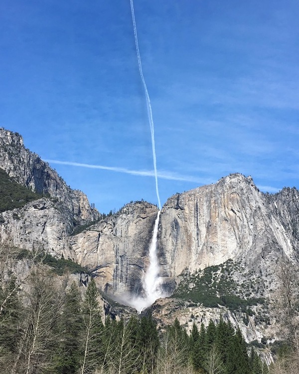It's like a lone stream of water falling from the sky to feed Yosemite Falls. - Waterfall, Stream, Sky