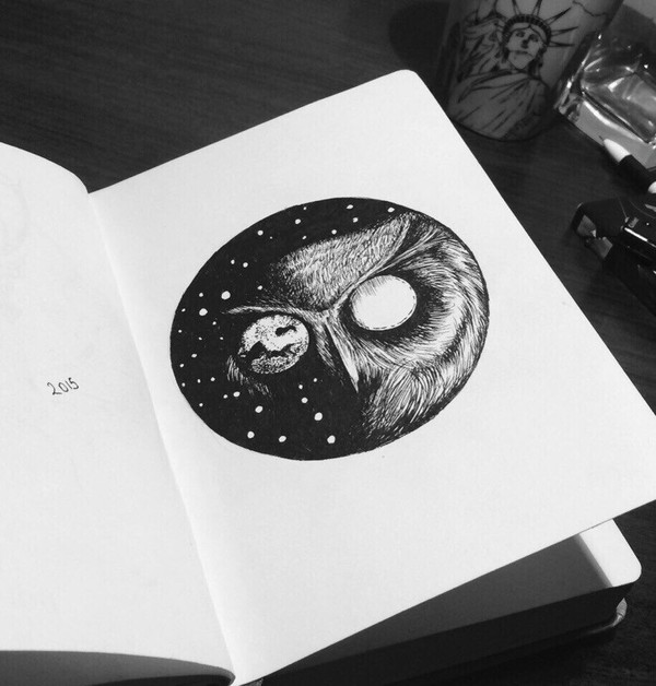 A little owl! - Drawing, My, Liner, Owl