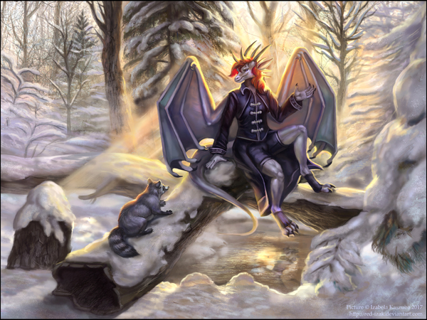 Conversation with a raccoon - Red-Izak, Raccoon, Winter, Snow, The Dragon, Art, Furry