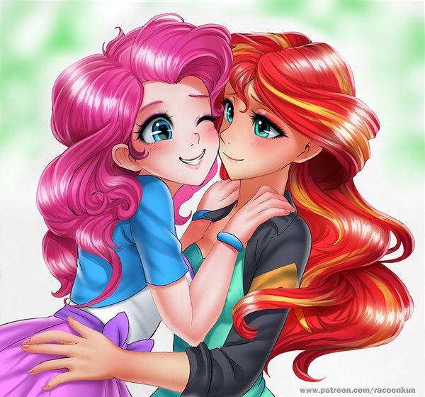 Cheeks touch - My little pony, Racoonkun, Humanization, Pinkie pie, Sunset shimmer