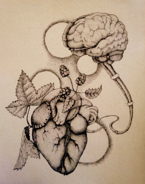 Passion and Reason - My, Dotwork, Graphics, Brain, Heart, My, Creation, Hop, Liner