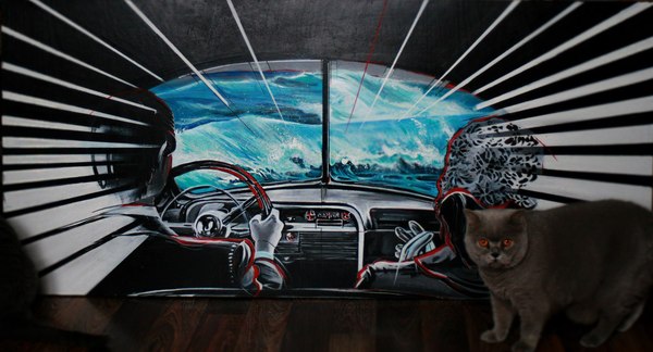 Chipboard, acrylic, wool - My, Acrylic, Sea, Car, cat