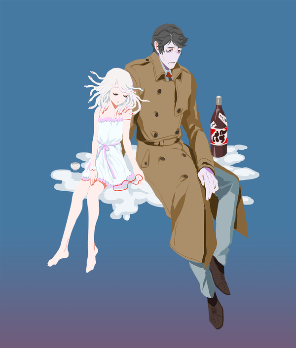 Let's sit on a cloud, dangling our feet from the sky, let's sit on a cloud, as the gods sat... - Monogatari series, Anime art, Anime, Drawing, Deishuu Kaiki, Sengoku Nadeko