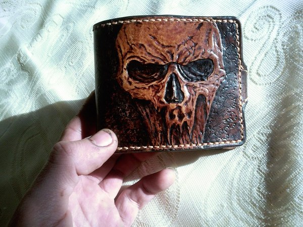 Leather wallet with embossed skull - My, Leather, Embossing on leather, Scull, Wallet, Handmade, Longpost
