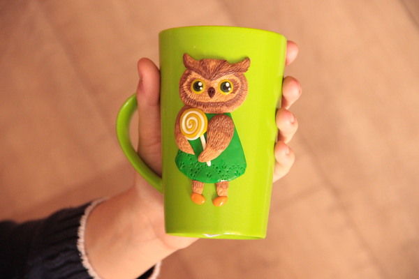 Mug Owl with candy - My, , Handmade, Кружки, With your own hands, Polymer clay, Longpost