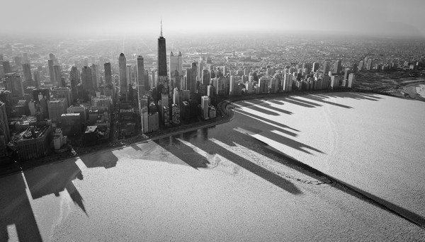 Shadows of Chicago over frozen Lake Michigan, USA. - USA, Lake Michigan, Chicago, Ice, Shadow, Black and white photo
