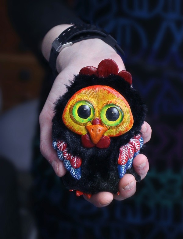 Pied cockerel - My, Rooster, Soft toy, Polymer clay, Handmade, Artificial fur