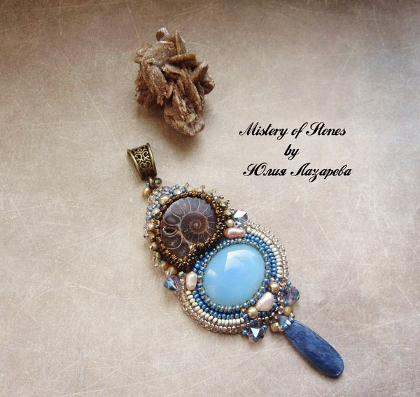 Pendant with ammonite Lake of Memory - My, Handmade, Beadwork, Beads, Pendant, My