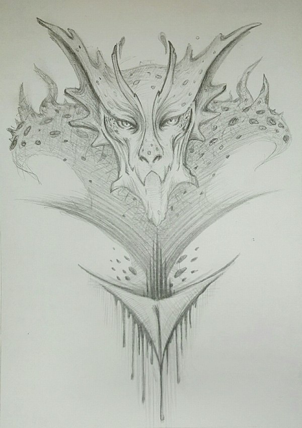 Either Demon or Dragon. - My, , Art, Black and white, Pencil, Drawing, The Dragon, Demon