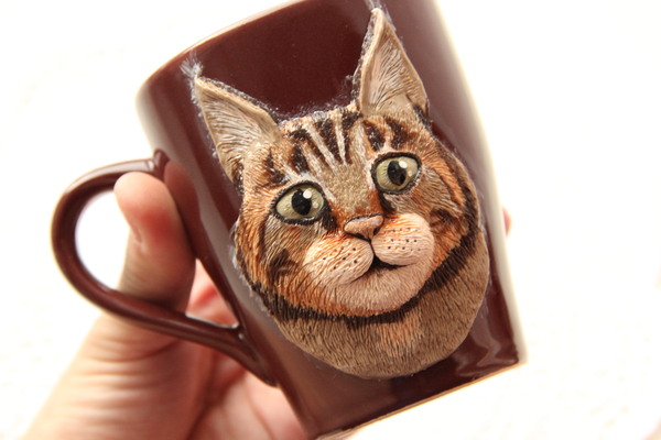 Cup with pet. - My, Polymer clay, Mug with decor, Maine Coon, Handmade, Кружки, With your own hands