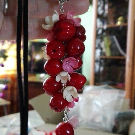 Pendant - Cherry bunch. - My, Cherry, Cherries, Berries, Decoration, Pendant, Suede, Polymer clay, Needlework, Longpost
