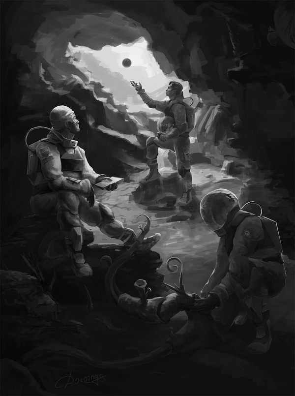 Space explorers / Space explorers - My, Art, , Research, , Black and white, Drawing, Svarog, Caves