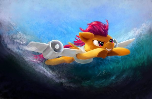 Scotaloo with jet wings is flying above sea My Little Pony, Ponyart, Scootaloo, Xbi