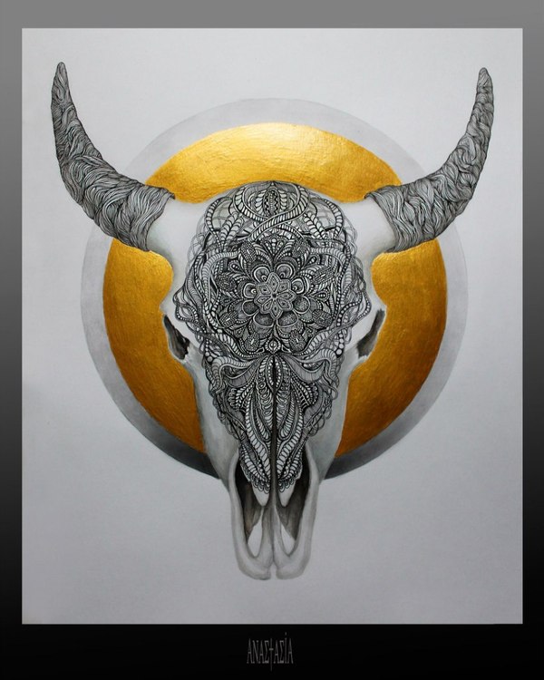 Skull Doodling Technique - My, Scull, Art, Drawing, Gel pen, Pen drawing, Watercolor, Bull, Patterns