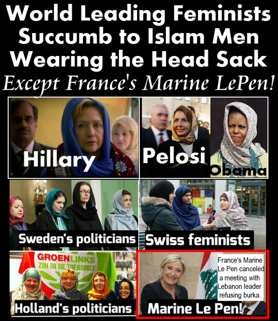 World feminist leaders give in to Islamic men by wearing a bag over their heads - France, Politics, Marine LePen