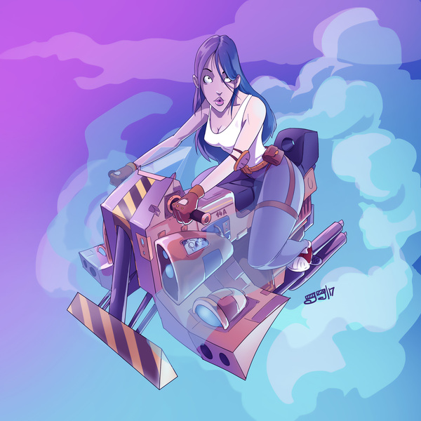 Bike - My, Bike, Art, Motorcycles, Girls, Computer graphics, Drawing, Cartoons, Retrowave, Moto