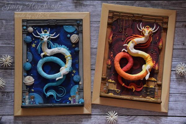 Diptych Dragons :) - My, Polymer clay, Hobby, Handmade, Handmade, Painting, Inspiration, The Dragon, Space