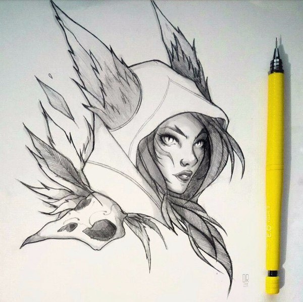 Completed, slightly modified drawing of Xayah - Character, Characters (edit), Girls, Pencil drawing, Sketch, Riot games, League of legends, Xayah, My
