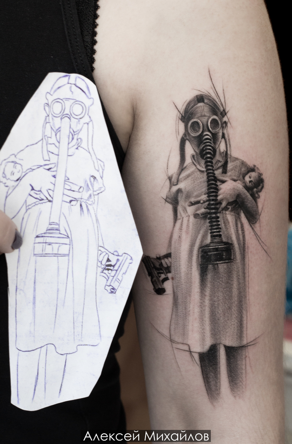 Black and white tattoo girl in a gas mask with a gun - My, Tattoo, Tattoo sketch, , Tattoo, Beautiful